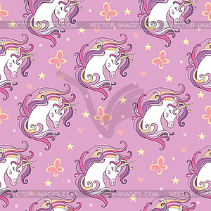 Seamless pattern with heads of unicorns and - vector clipart