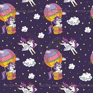 Seamless pattern cute unicorns in sky - color vector clipart