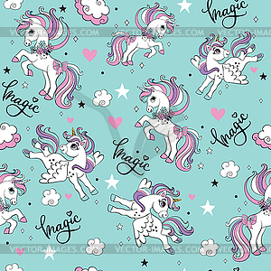 Seamless pattern with cute unicorns on turquoise - vector image