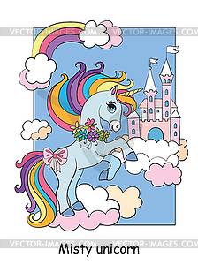 Cute unicorn on cloud and sky castle colorful - royalty-free vector image