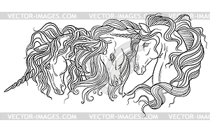 Unicorns heads coloring book page - vector clipart