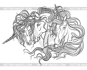 Unicorns portraitss coloring book page - vector image