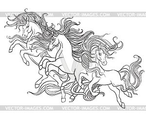 Running unicorns coloring book page - royalty-free vector image