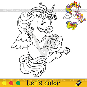 Coloring cute little unicorn eating doughnut - vector clip art