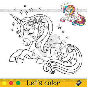 Coloring cute little dreaming unicorn with sparkles - vector clip art