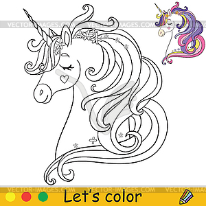 Coloring cute dreaming head of unicorn - vector clipart