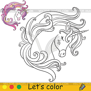 Coloring cute dreaming portrait of unicorn - vector clipart