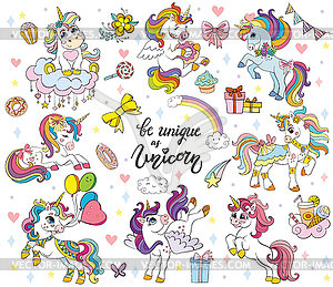 Set of cute cartoon unicorn - vector clipart