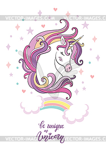 Cute cartoon unicorn poster white - color vector clipart