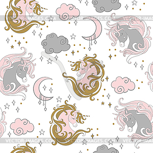 Magic seamless pattern with unicorn, stars, clouds - vector clip art