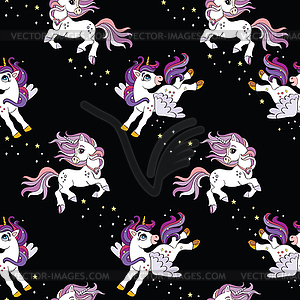 Seamless pattern cute unicorns in sky black - vector clipart
