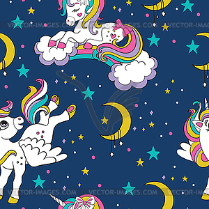 Seamless pattern cute unicorns in sky colorful - vector image