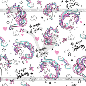 Magic seamless pattern with unicorn, stars, hearts - vector clip art