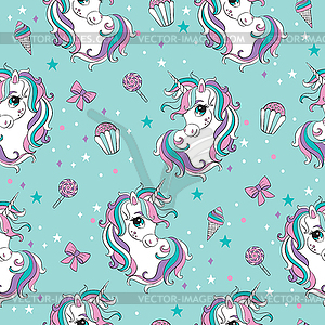 Magic seamless pattern with heads of unicorns and - vector image