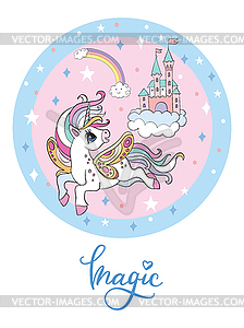 Rainbow cartoon flying unicorn and sky castle - vector clipart