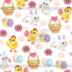 Seamless pattern lambs, bunnies and big easter egg - vector clipart