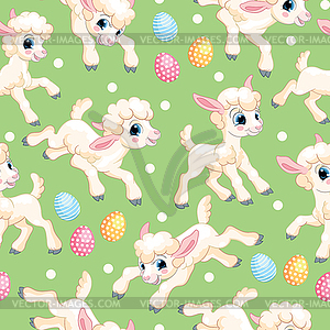 Seamless pattern white lambs on green background - vector image