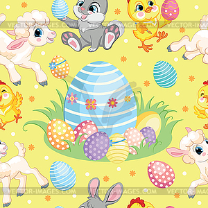 Seamless pattern lambs, bunnies and big easter egg - vector clipart