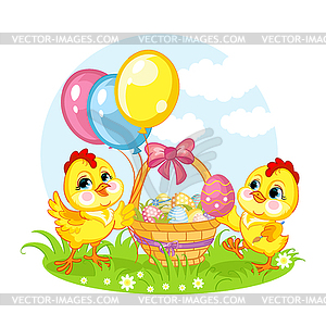 Маленькие милые забавные персонажи, две курицы и корзина - векторное графическое изображение