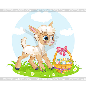 Little cute funny character lamb and easter basket - vector image