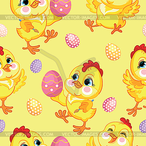 Seamless pattern with cute chickens and easter eggs - vector clip art