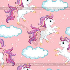 Seamless pattern unicorns on pink background - vector clipart