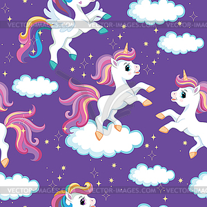 Seamless pattern unicorns on purple background - vector clip art