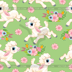 Seamless pattern lambs on green background - vector image