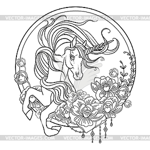 Beauty unicorn with flowers coloring - vector image