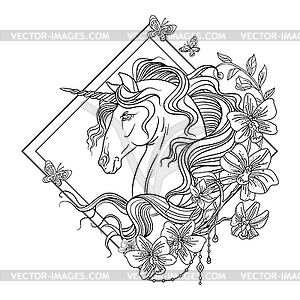 Unicorn head coloring book rhombus - vector image