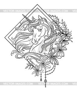 Head of unicorn with lily flowers coloring - vector clip art