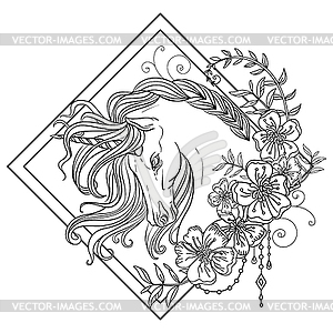 Head of unicorn with flowers coloring for adult - royalty-free vector clipart