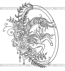 Head of unicorn with flowers coloring oval - vector image