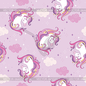 Seamless pattern with unicorn heads, sparkles and - vector clip art