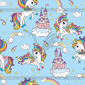 Seamless pattern cute unicorns in cloudy sky blue - vector image