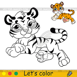 Cute lying tiger coloring with colorful template - stock vector clipart