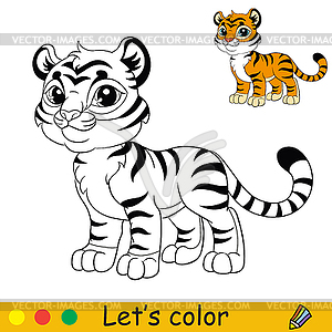 Cute standing tiger coloring with colorful template - vector clipart