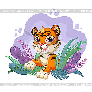 Cartoon tiger with beauty plants - vector clip art