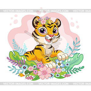 Cartoon tiger with beauty flowers - vector clip art