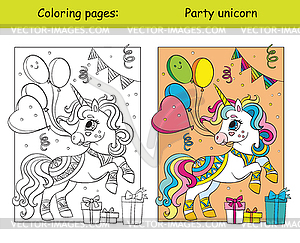 Cute party unicorn with balloons coloring and - vector clipart