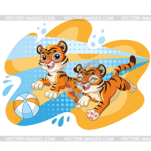 Two cute jumping dynamic tiger cartoon character - vector clipart