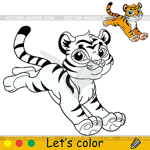 Little jumping tiger coloring with colorful template - vector clip art