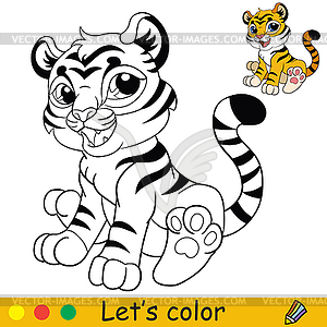 Little sitting tiger coloring with colorful template - vector clipart