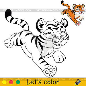 Little running tiger coloring with colorful template - vector image