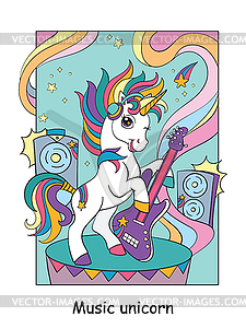 Cool unicorn with guitar colorful - vector clip art