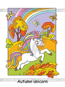 Cute running unicorn in autumn forest - vector clip art