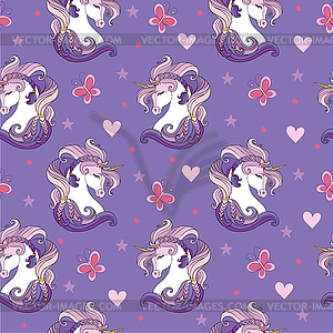 Seamless pattern with heads of unicorns purple - vector image