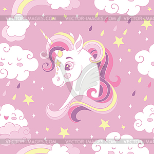 Seamless pattern with heads of unicorn and clouds - vector EPS clipart