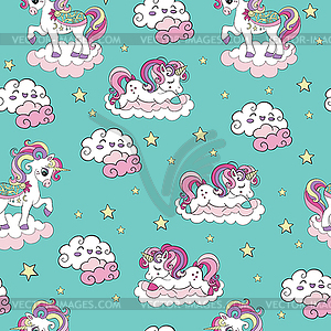 Seamless pattern with dreaming unicorns turquoise - vector image