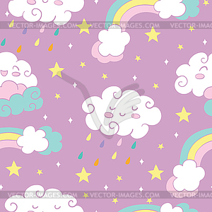 Seamless pattern with rainbow rain clouds pink - vector clipart